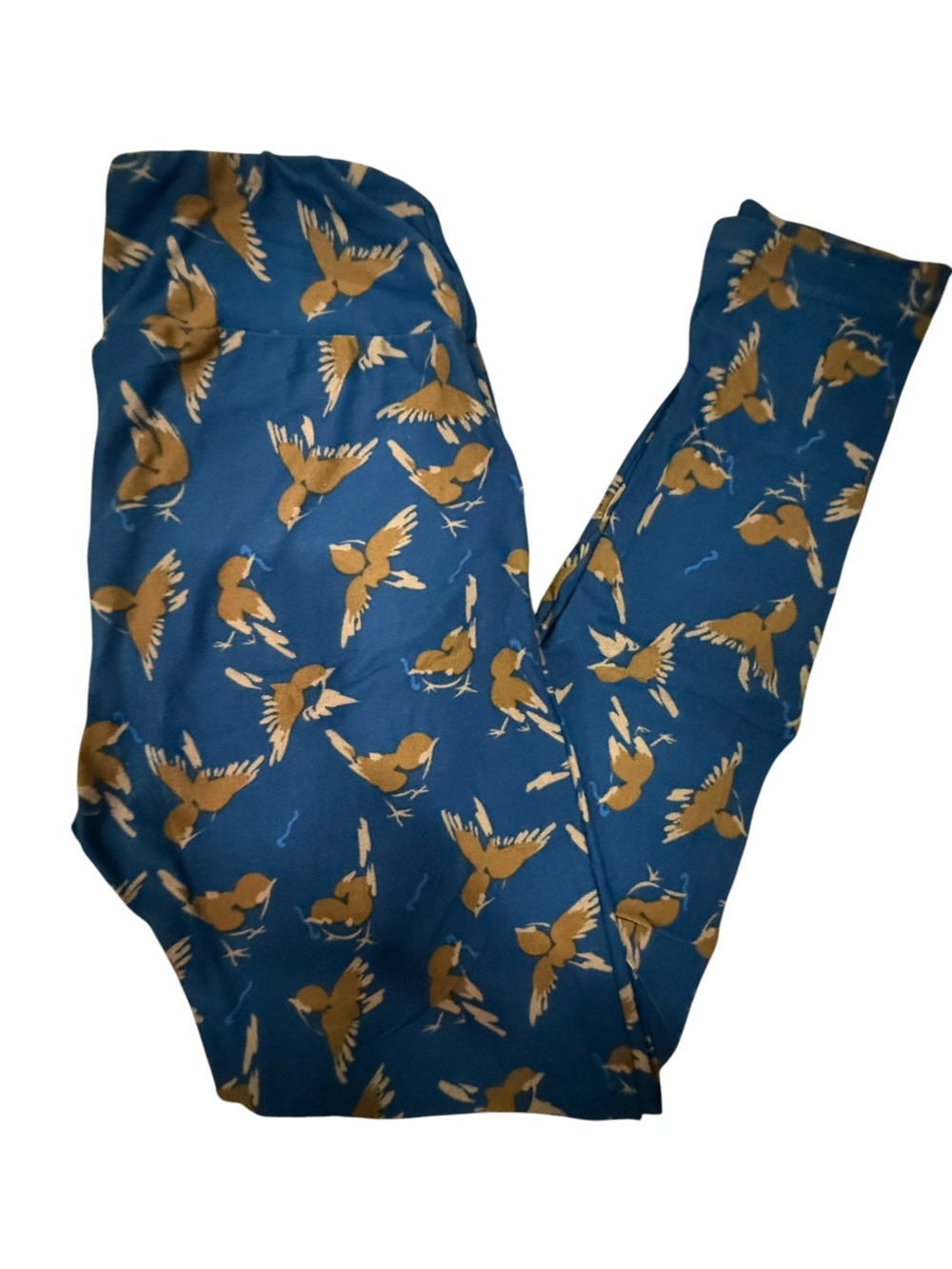 LuLaRoe Teal Blue Leggings with Mustard Bird Print